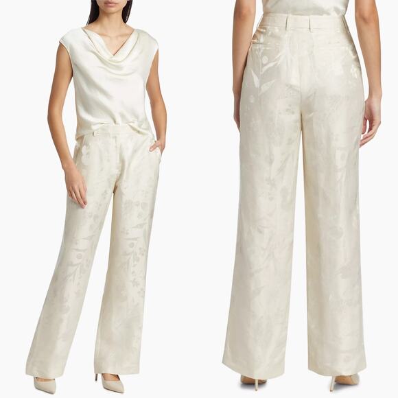 New Lafayette 148 Pebble Jacquard Wide-Leg Pants Floral Linen Size 10 - Picture 1 of 9